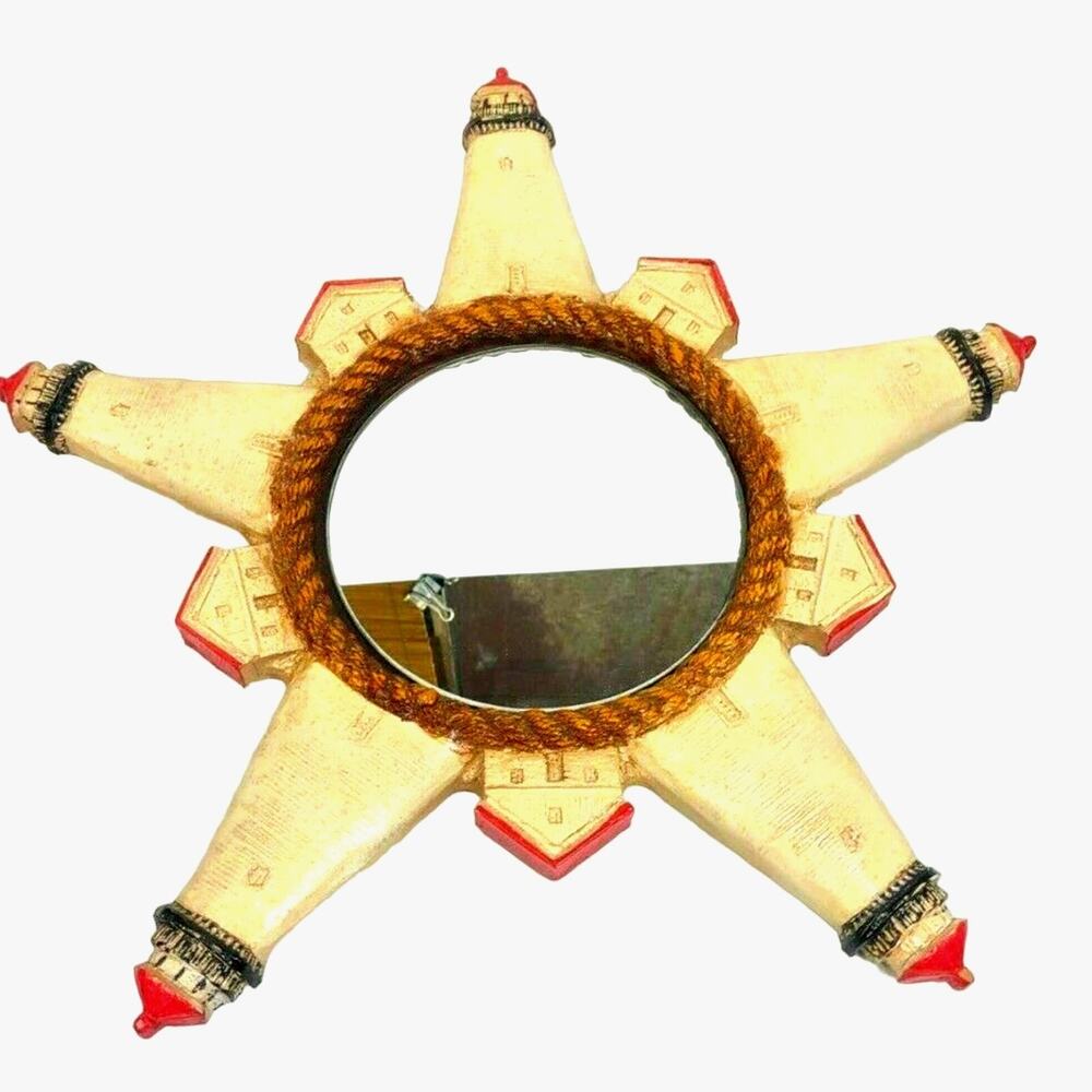 16" Vintage AL Pisano Nautical Carved Roped Star Mirror Lighthouses Wall Hanging